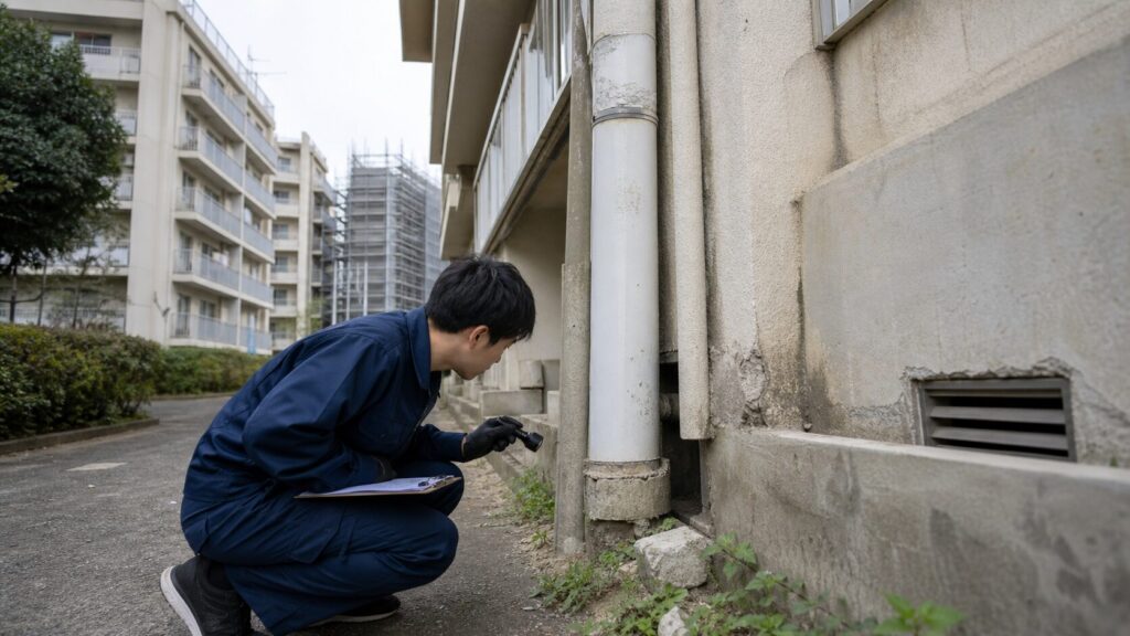 作業員が豊四季台団地の外壁配管まわりをライトで確認しネズミの侵入経路を調査している様子