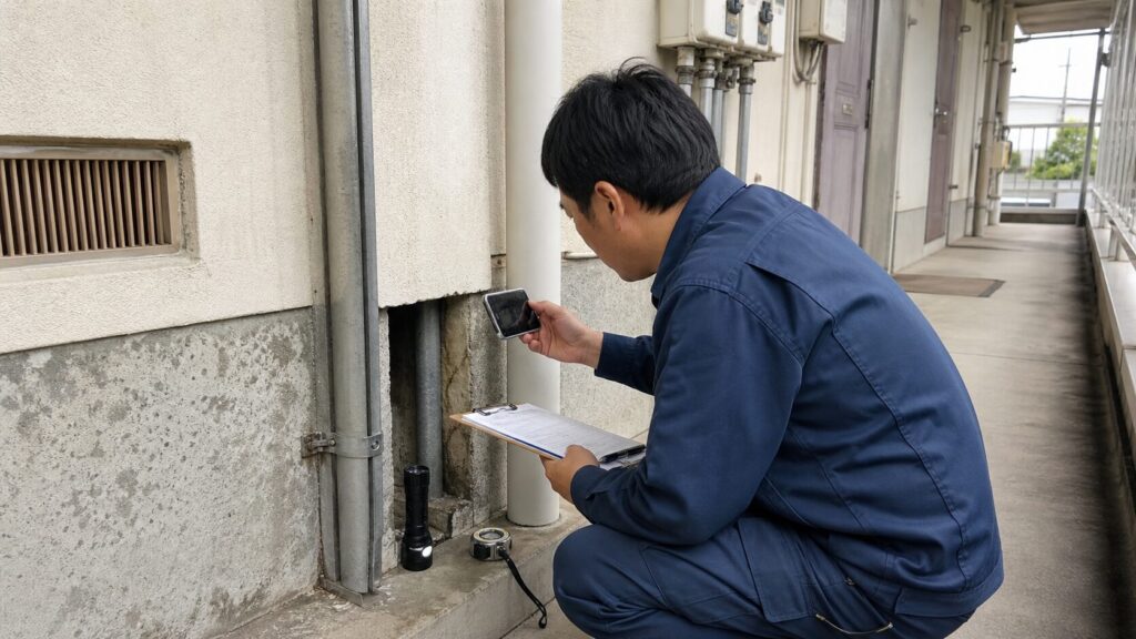 作業員が団地の配管まわりのすき間をカメラとライトで調査している様子