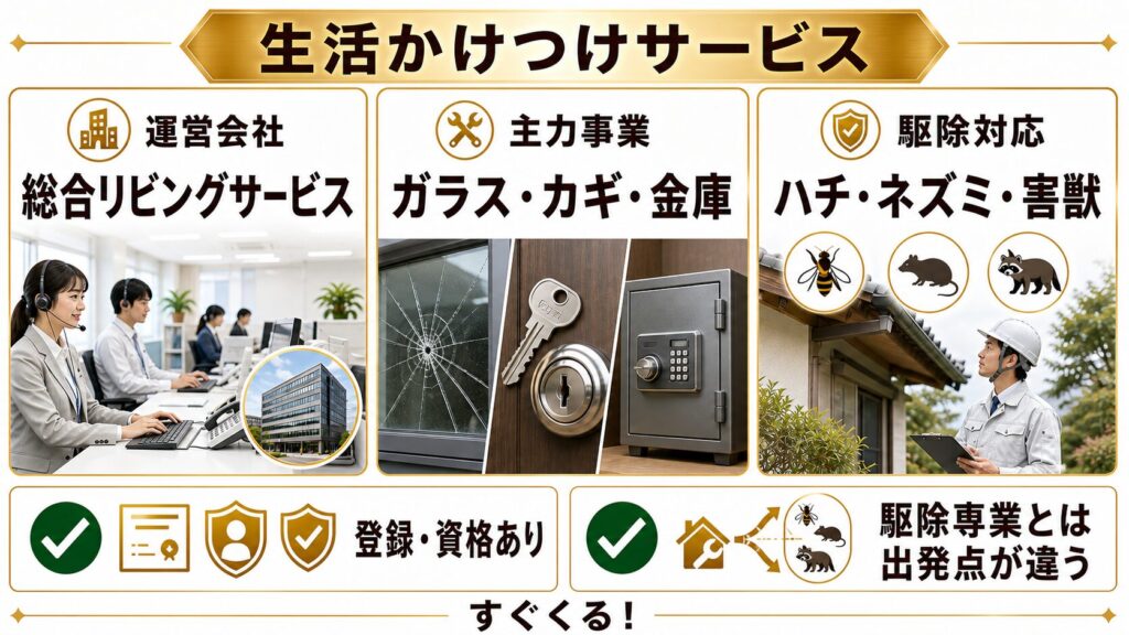 すぐくる！生活かけつけサービスの基本情報。運営会社は総合リビングサービス、主力事業はガラス・カギ・金庫の駆けつけ修理、ハチ・ネズミ・害獣の駆除にも対応