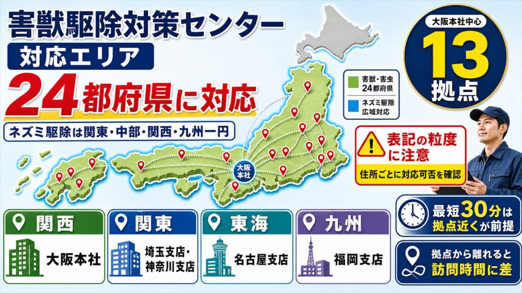 害獣駆除対策センターの対応エリア一覧|関東・関西・東海の24都府県