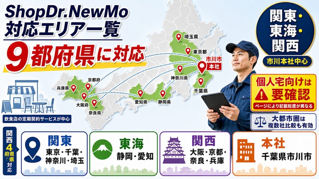ShopDr.NewMoの対応エリア（関東・東海・関西の9都府県）を示すイメージ