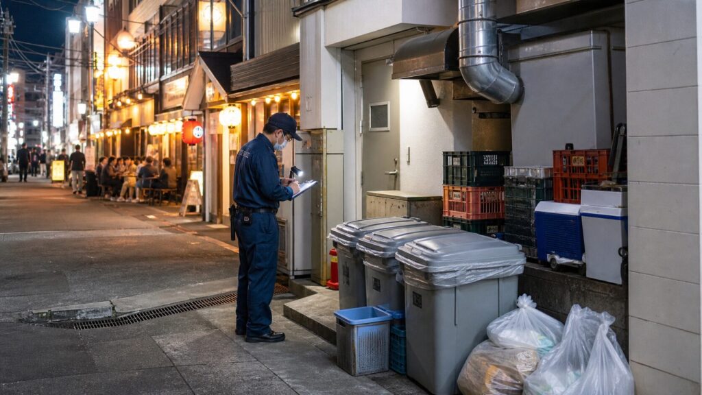 柏駅前の飲食店街の裏手で、作業員が夜間にゴミ置き場まわりを点検している様子