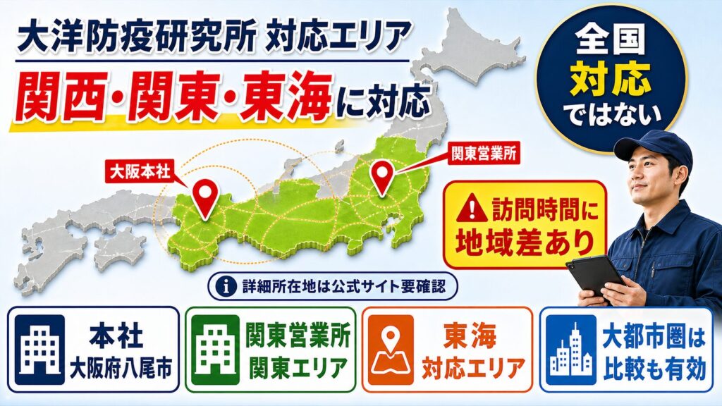 大洋防疫研究所の対応エリア（関西・関東・東海）を示すイメージ