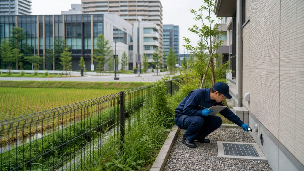 柏の葉スマートシティの高層ビル群と隣接する水田で、作業員が住宅の床下換気口を点検している様子