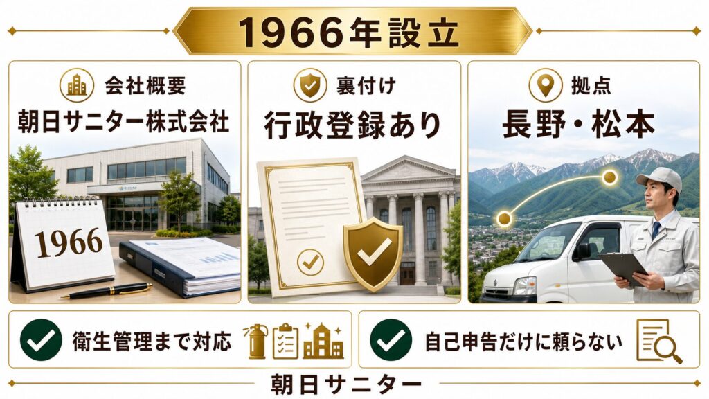 朝日サニター株式会社の会社概要：1966年設立・行政登録あり・長野/松本拠点を示す図解