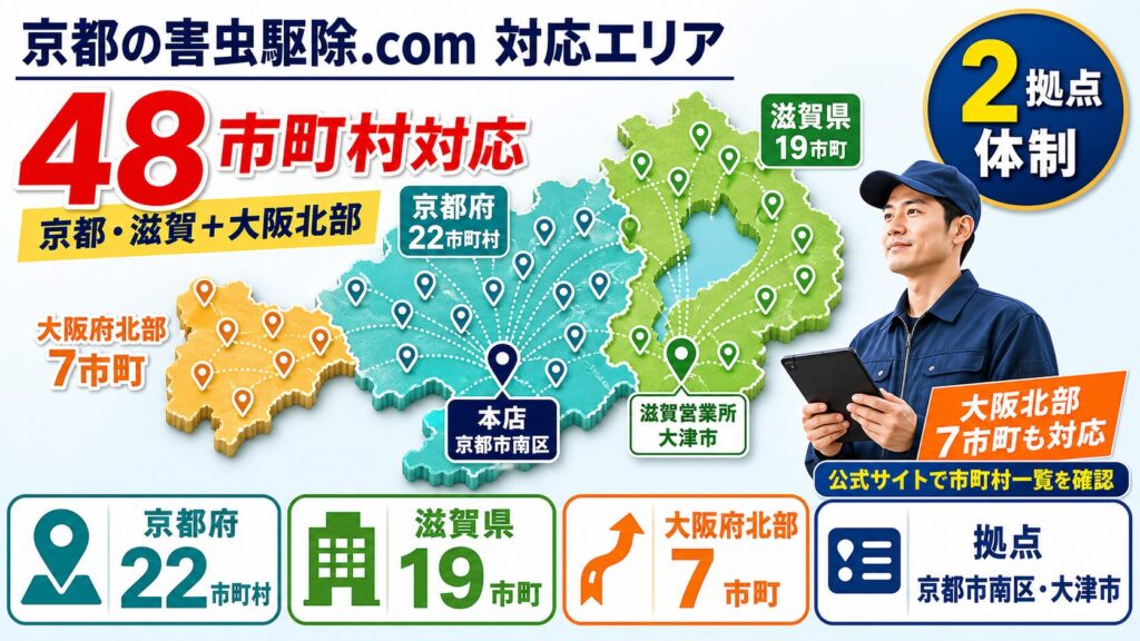 京都・滋賀だけでなく大阪府北部7市町まで広がる、京都の害虫駆除.comの対応力のイメージ