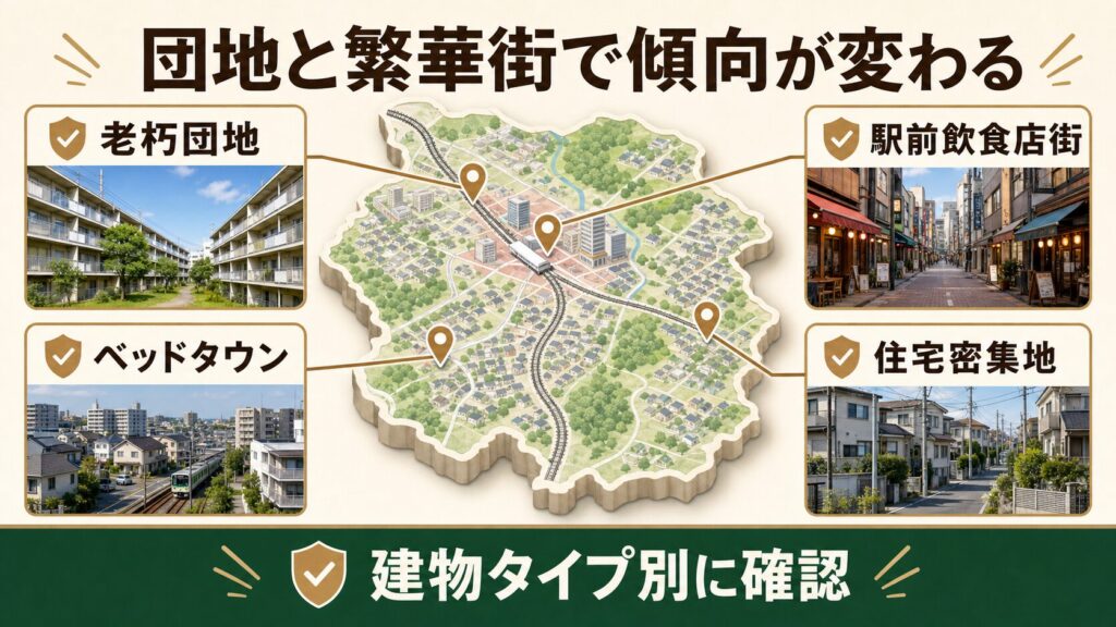 老朽団地・ベッドタウン・駅前飲食店街・住宅密集地など、柏市内でエリアごとにネズミ被害の傾向が異なることを示す地図イラスト
