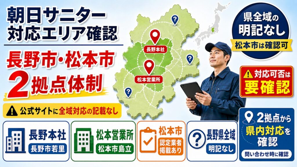 朝日サニター対応エリア確認：長野市・松本市の2拠点体制、公式サイトに県全域対応の明記なしを示す図解