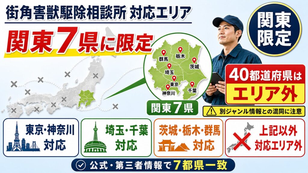 街角害獣駆除相談所の対応エリアが関東7県に限定され、40都道府県がエリア外であることを示す図解
