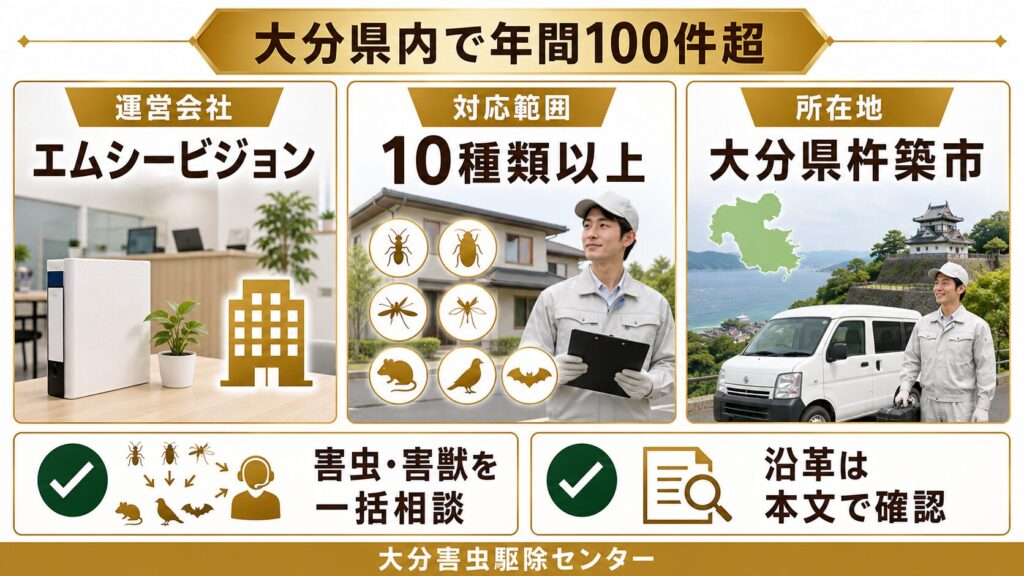 大分害虫駆除センターの運営会社エムシービジョン・対応10種類以上・所在地大分県杵築市・年間100件超をまとめたインフォグラフィック
