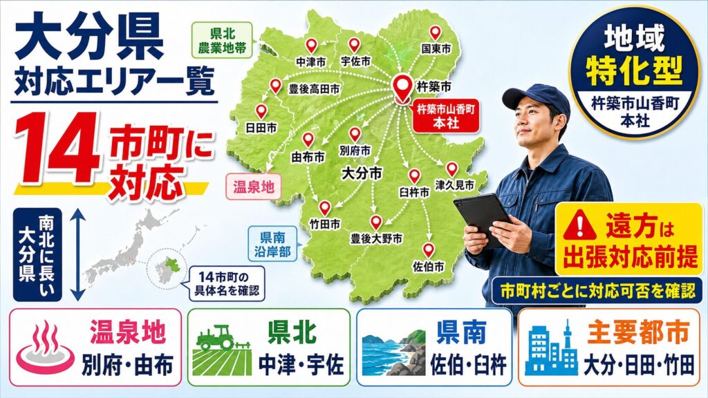 大分害虫駆除センターの対応エリア地図、大分県14市町に対応し杵築市山香町が本社であることを示すインフォグラフィック
