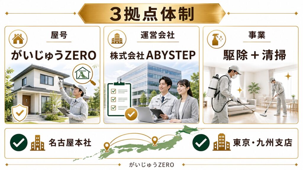 がいじゅうZEROの基本情報｜名古屋本社・東京支店・九州支店の3拠点体制のイメージ