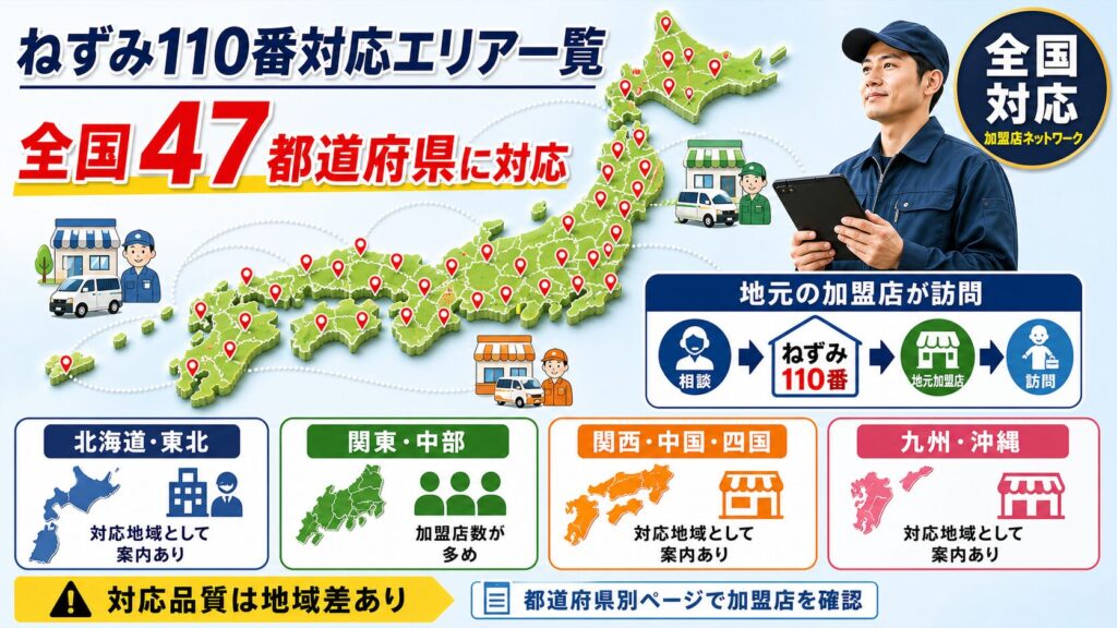 ねずみ110番の対応エリア(全国47都道府県)を示す地図