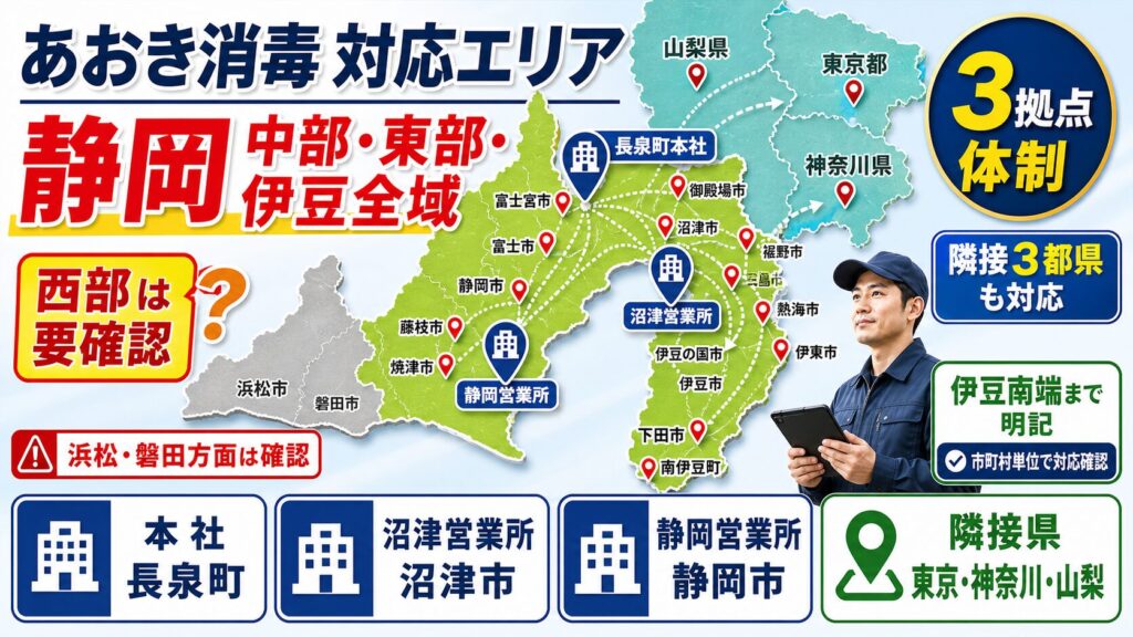 あおき消毒の対応エリア地図：静岡県中部・東部・伊豆全域と隣接する東京・神奈川・山梨の3都県、本社は長泉町、沼津・静岡に営業所を示す図解