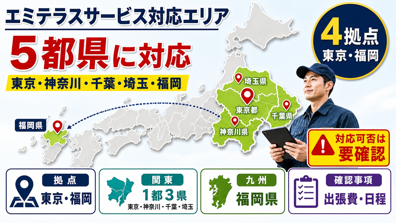 エミテラスサービスが対応する東京・神奈川・千葉・埼玉・福岡の5都県を示す対応エリア画像