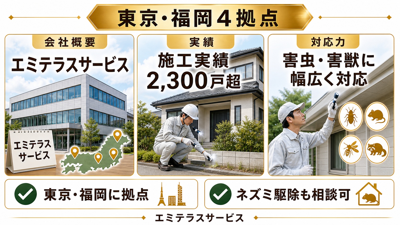 エミテラスサービスの東京・福岡4拠点、施工実績2,300戸超、害虫・害獣対応を示す会社概要画像