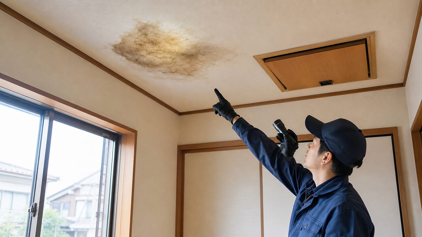 ハクビシンの糞尿による天井のシミを点検するイメージ
