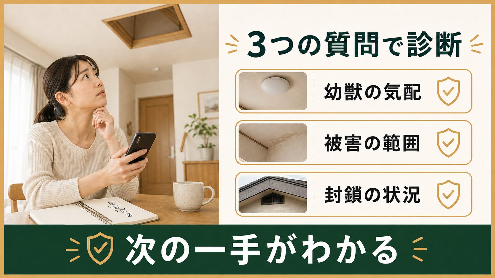屋根裏の物音を3つの質問で診断するイメージ