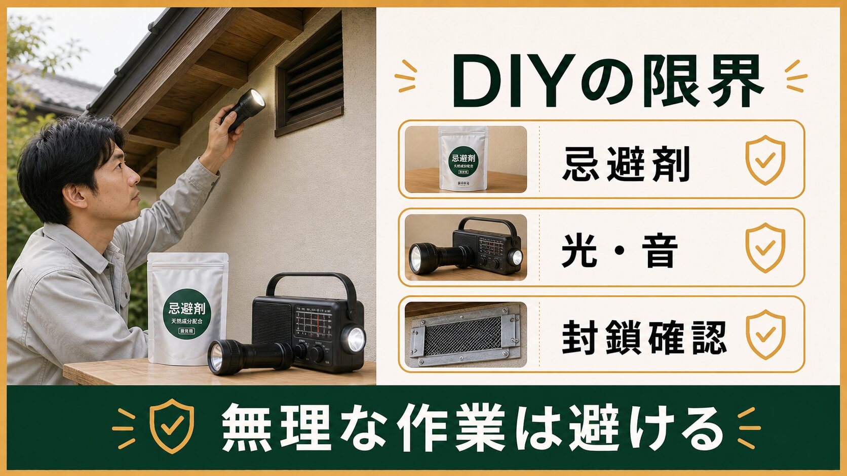 忌避剤や光と音を使ったハクビシンの追い出し方法と限界のイメージ