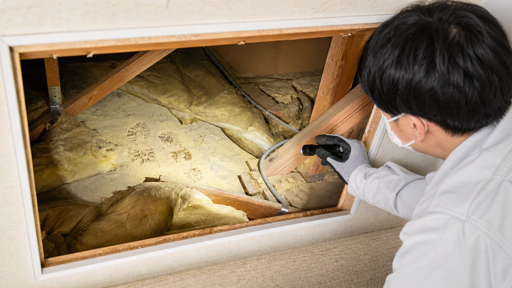 屋根裏のハクビシン被害範囲を確認するイメージ
