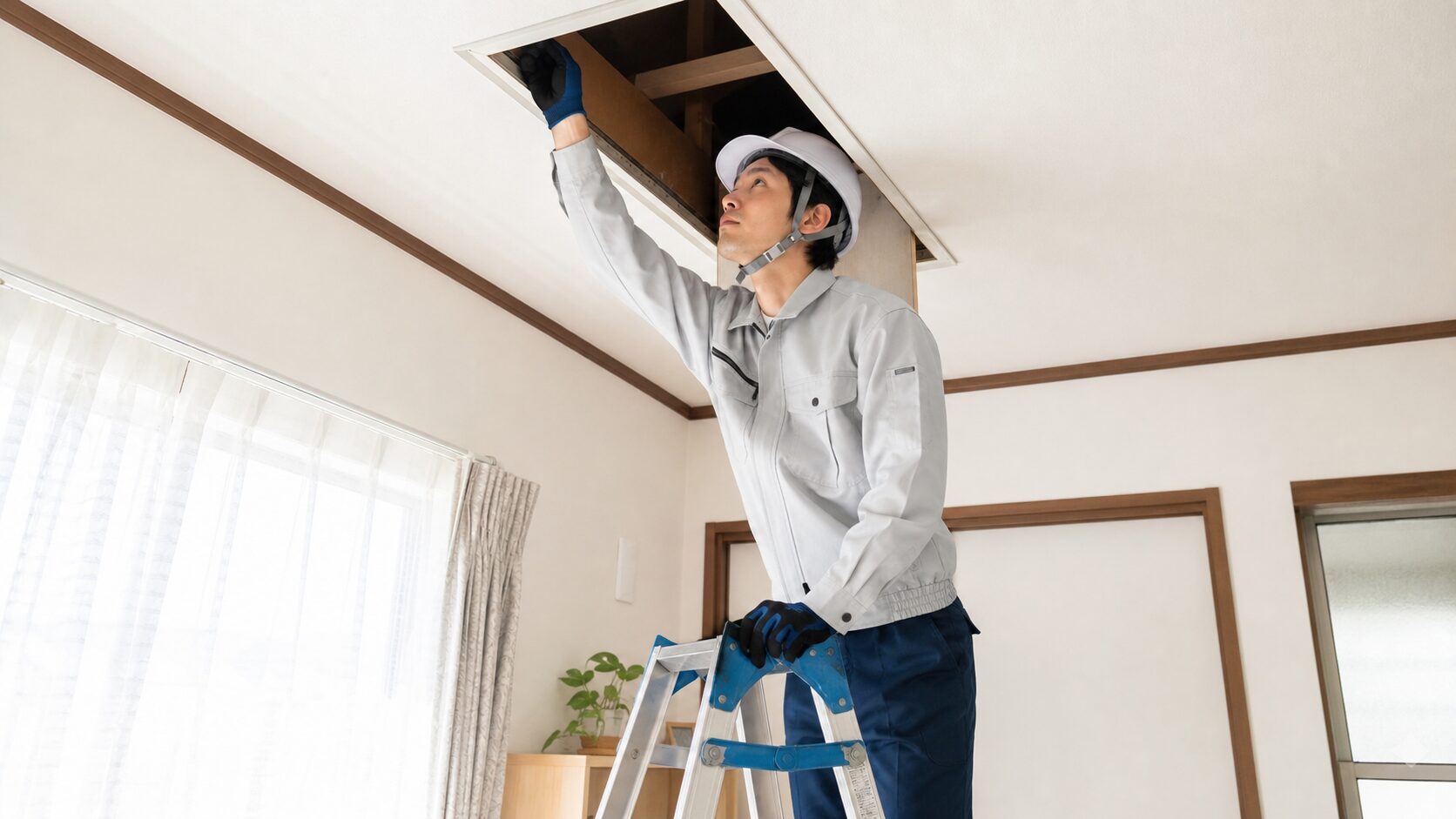 ハクビシン対策で高所作業の安全を確認するイメージ