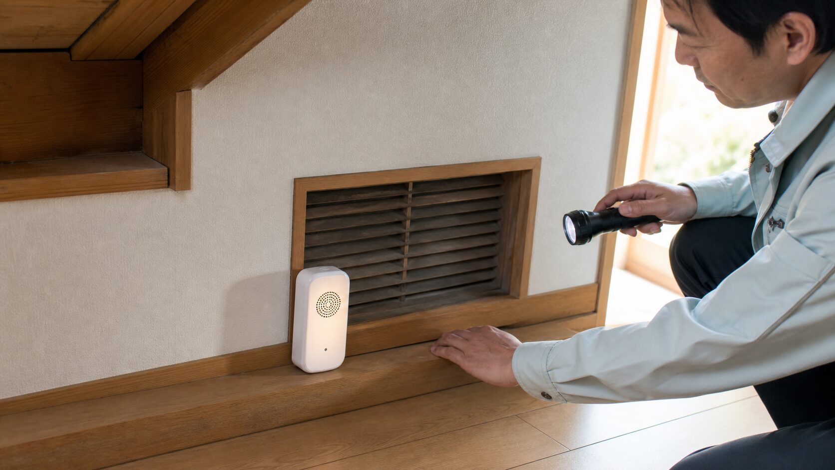 ハクビシン対策で超音波発生器を設置するイメージ