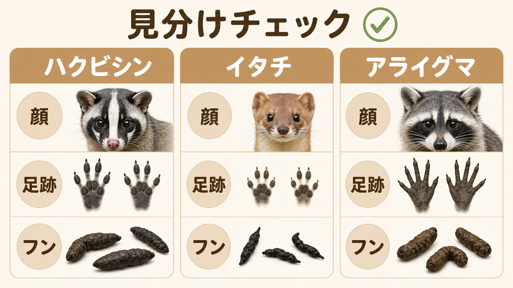 スマホでも見やすいハクビシン・イタチ・アライグマの見分けチェック