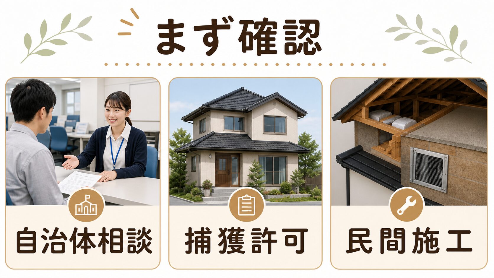 スマホでも見やすいハクビシン被害の自治体相談と捕獲許可の確認イメージ