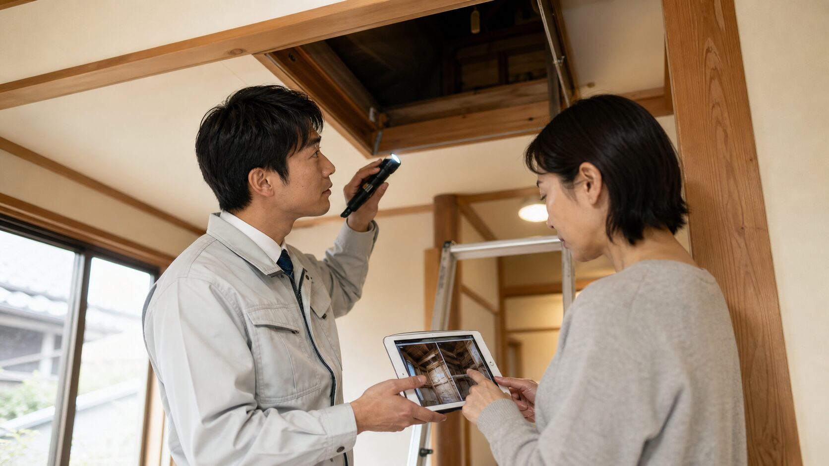 ハクビシン被害の現地調査で屋根裏を確認するイメージ