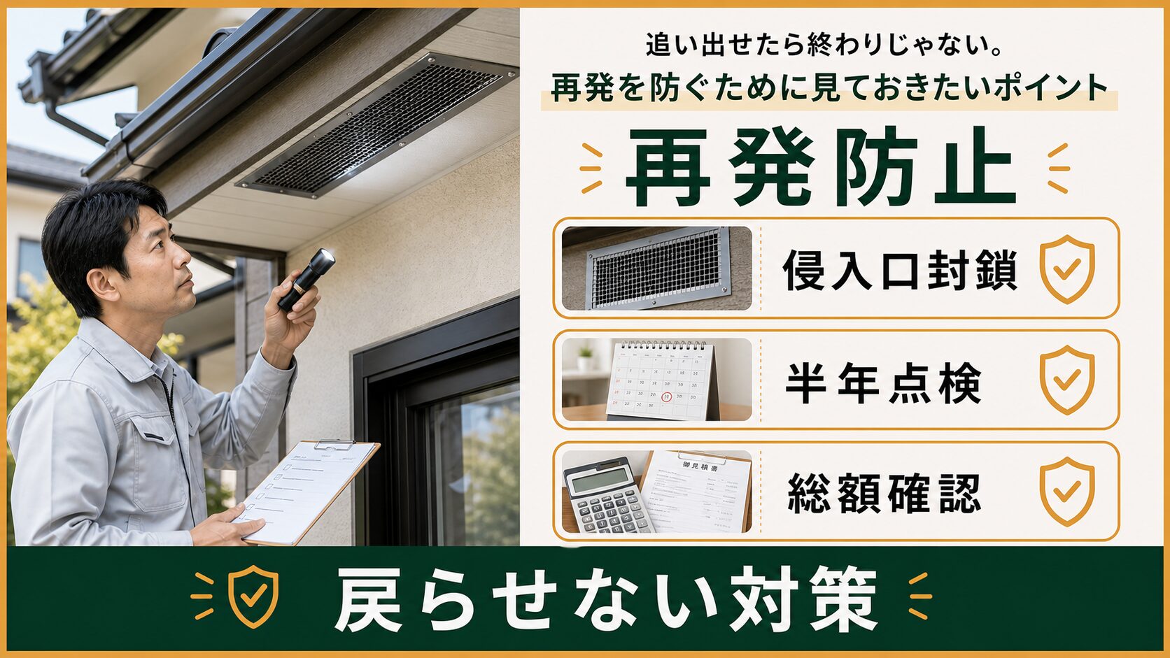 ハクビシンの再発防止で侵入口封鎖と定期点検を確認するイメージ