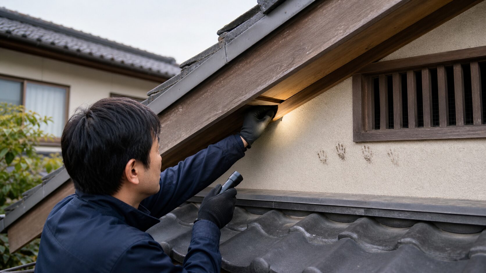 ハクビシンの再侵入につながる屋根まわりの隙間を点検するイメージ