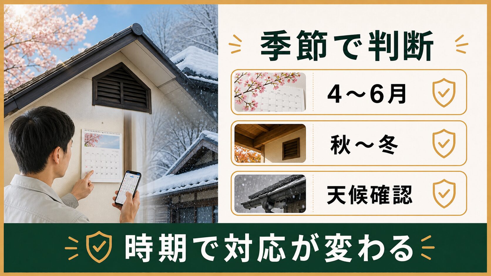 ハクビシンの追い出し対応が季節で変わることを示すイメージ