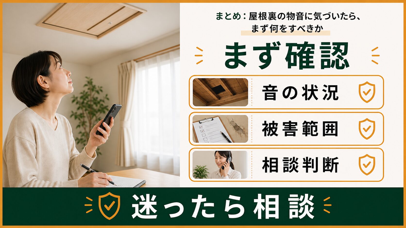 屋根裏の物音に気づいたときに確認するポイントのまとめイメージ