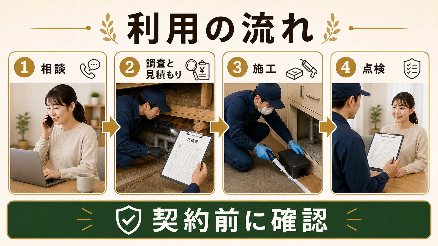 ハウスガード24の利用の流れ｜WEB申込から施工完了までのステップのイメージ