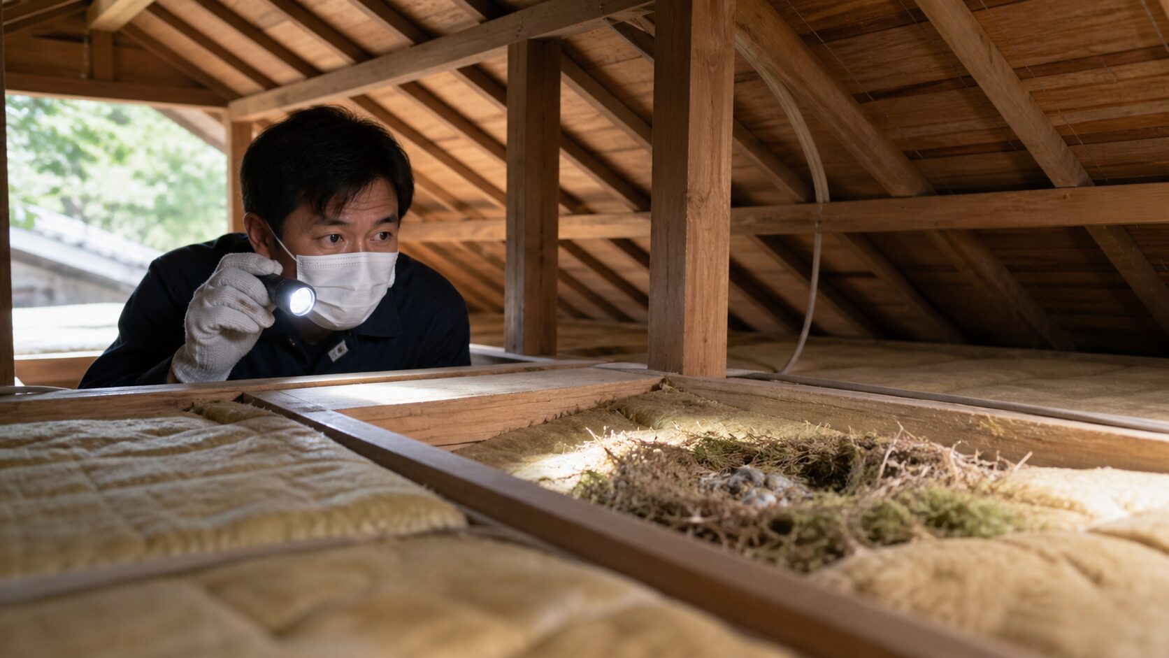 繁殖期の巣まわりを慎重に確認するイメージ