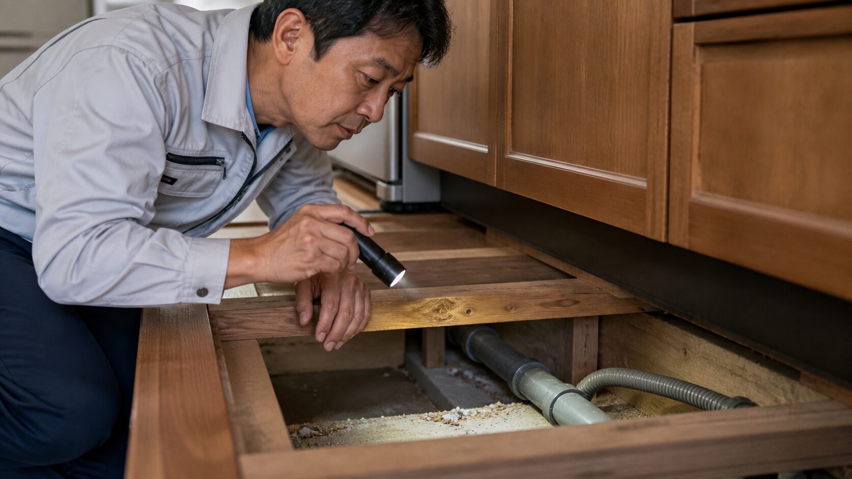 床下や配管まわりの痕跡を確認するイメージ