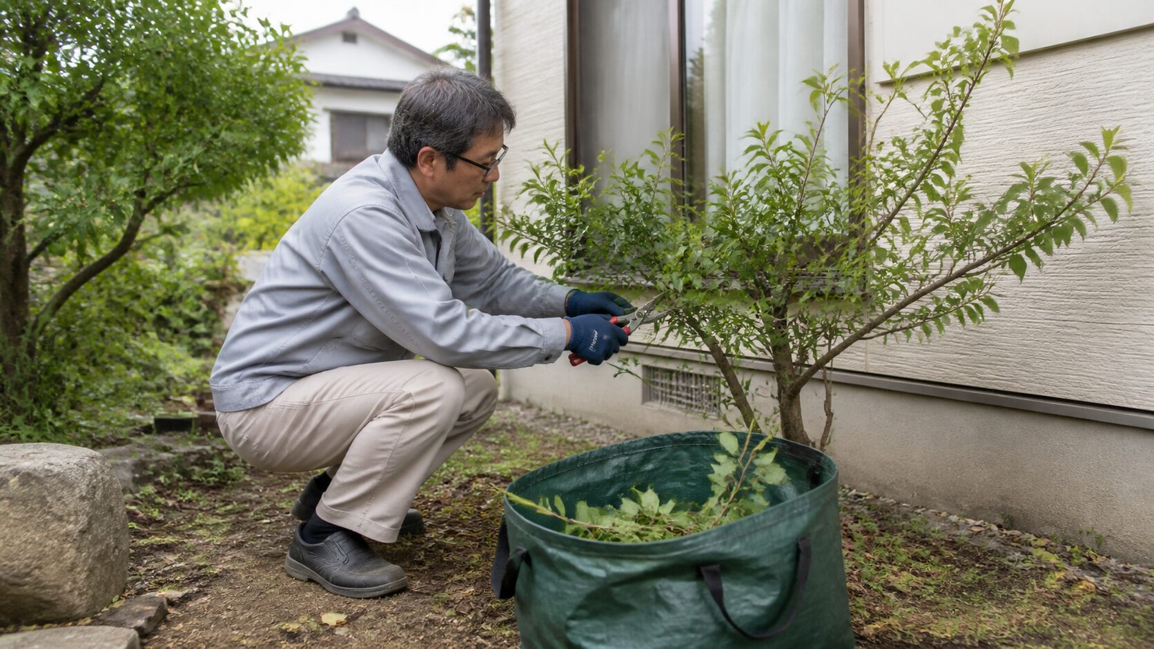 庭木の剪定と庭先の片付けのイメージ