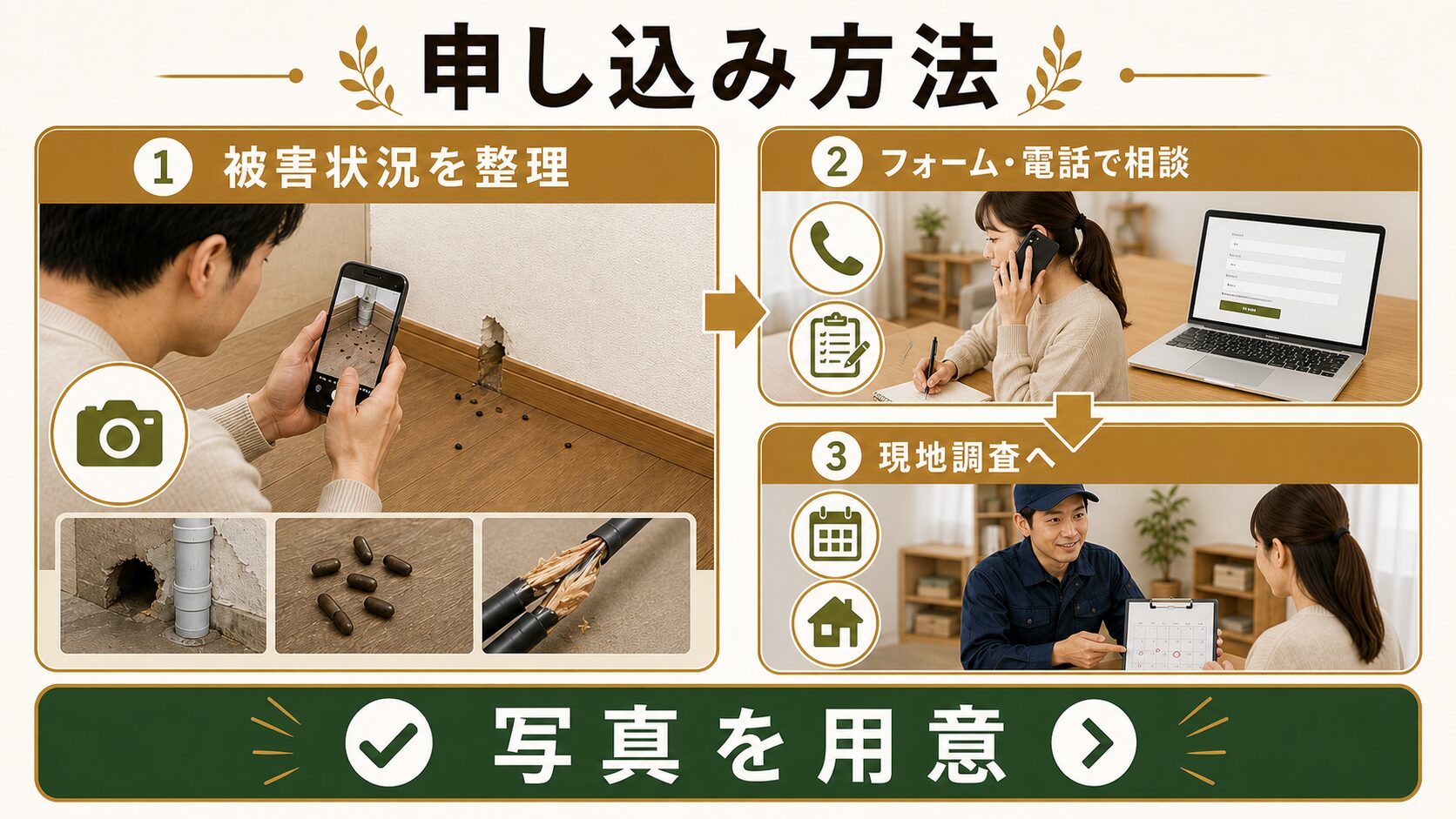 門田害虫研究所への申し込みから施工完了までの流れを確認するイメージ