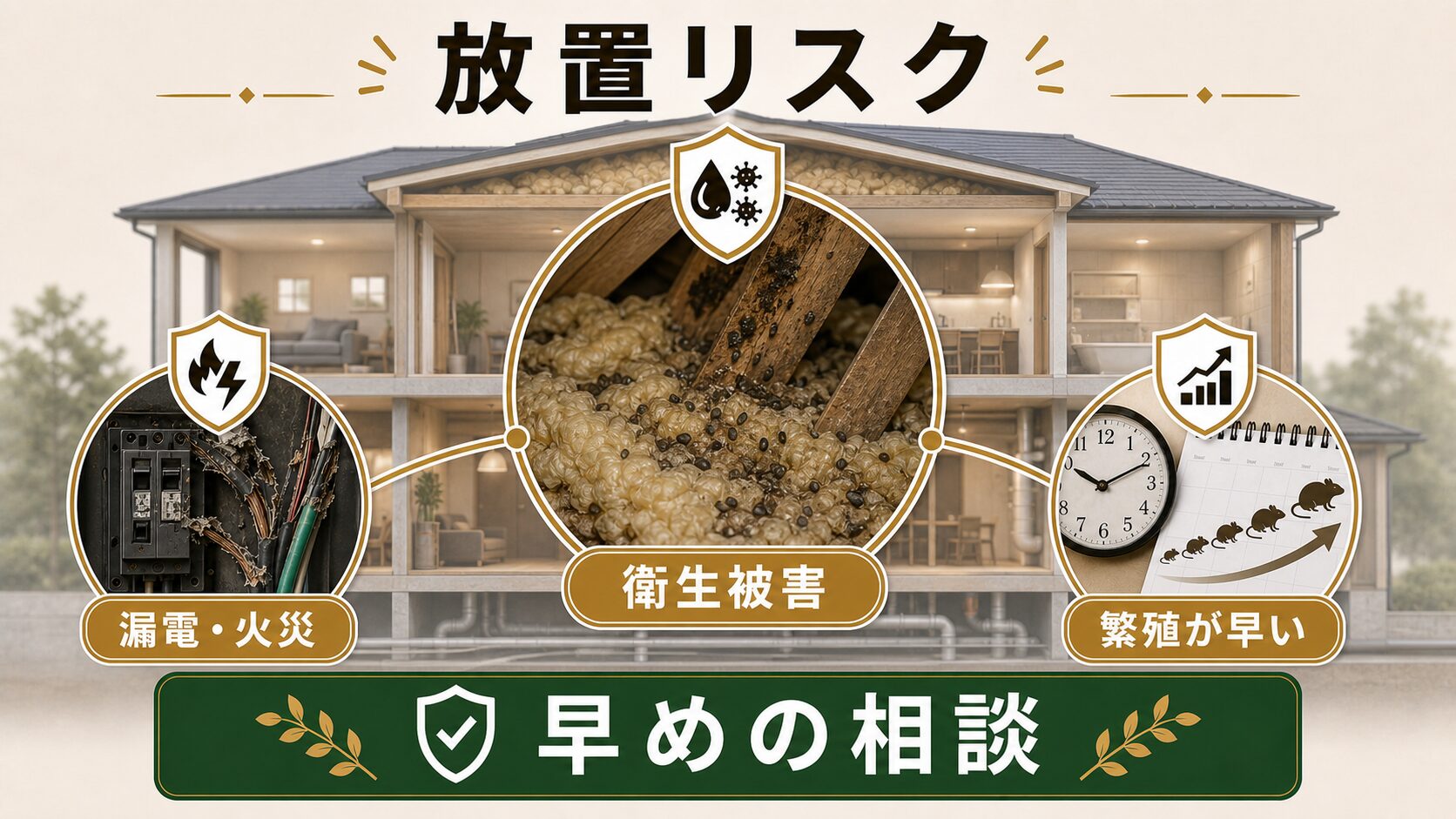ネズミを放置した場合に起こり得る被害リスクを解説するイメージ