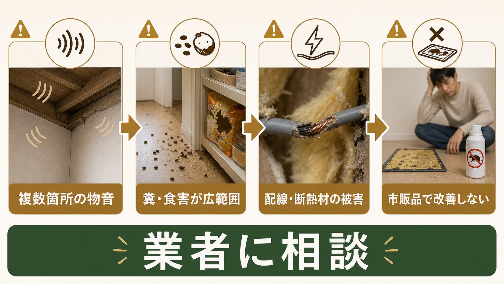 自力でのネズミ対策から専門業者への相談へ切り替えるサインのイメージ