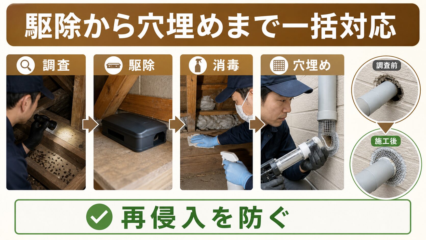 門田害虫研究所が調査・駆除・消毒・侵入口の穴埋めまで一括対応する流れ