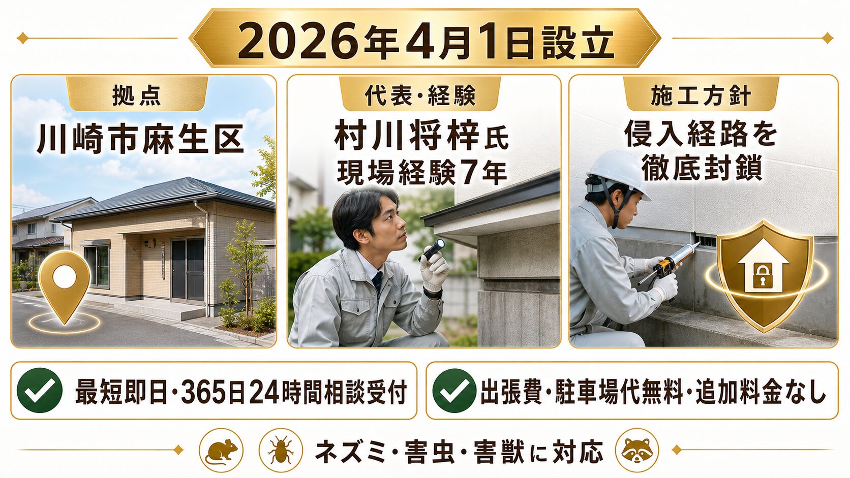 駆除ディフェンスの基本情報と代表の現場経験をまとめた図解