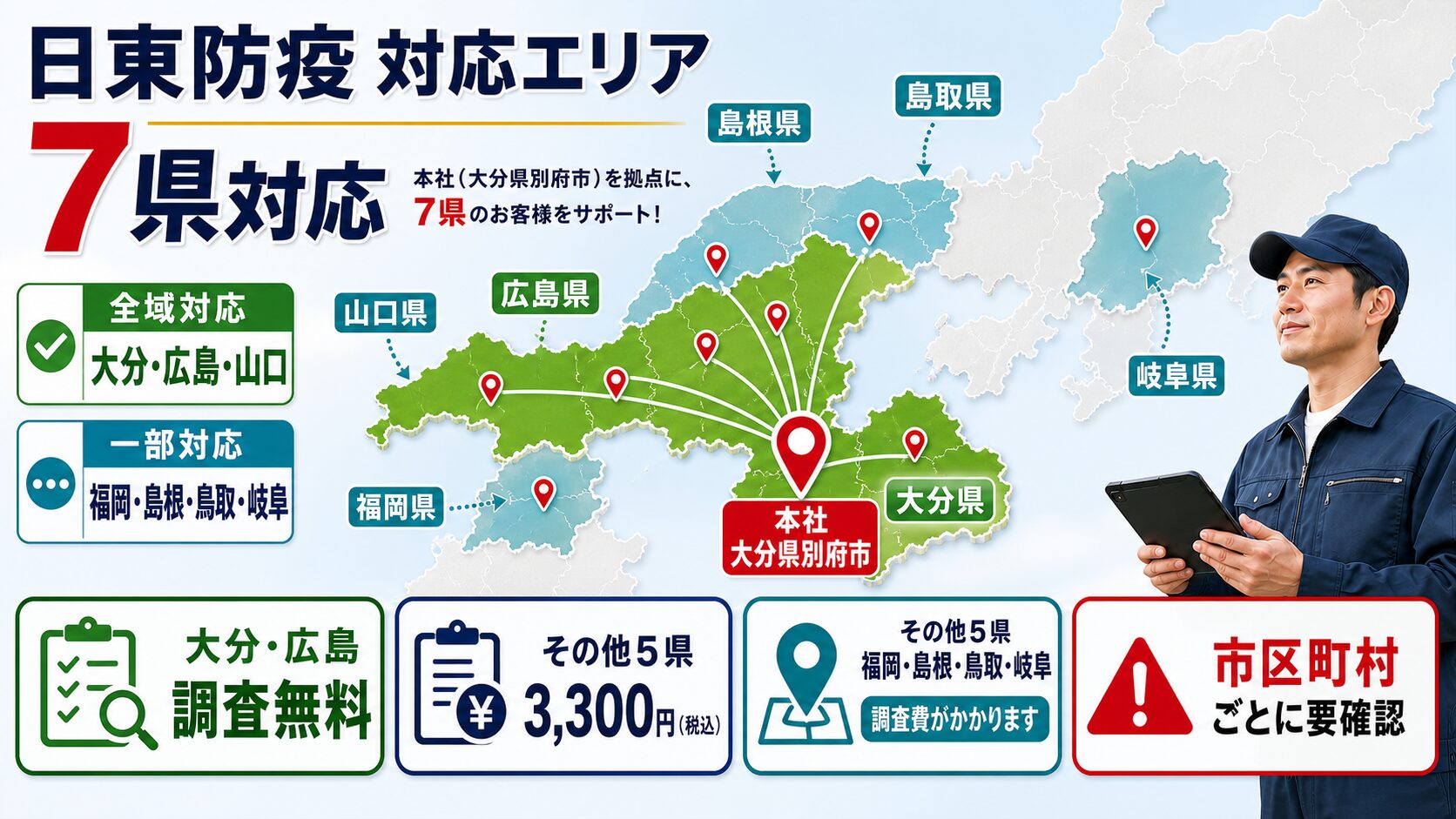 日東防疫株式会社の全域対応3県と一部対応4県を示す対応エリア図