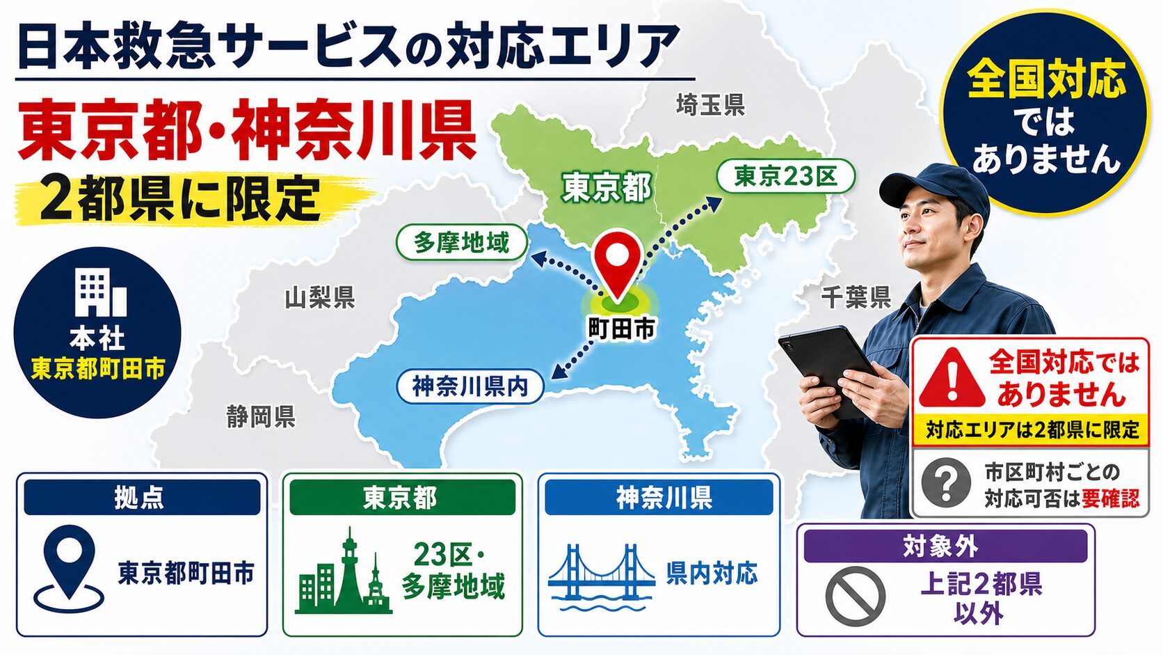 日本救急サービス株式会社の対応エリア|東京都23区・多摩地域+神奈川県までのイメージ