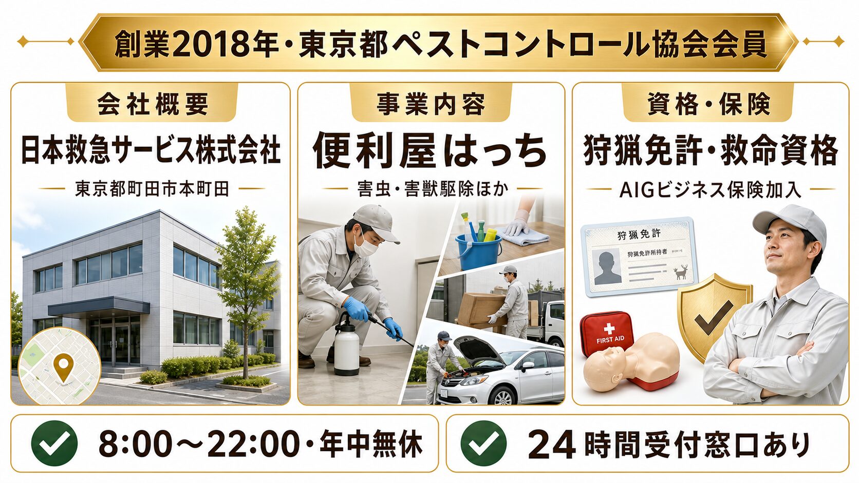 日本救急サービス株式会社の基本情報|創業8年・東京都ペストコントロール協会会員(No.3070-0)のイメージ