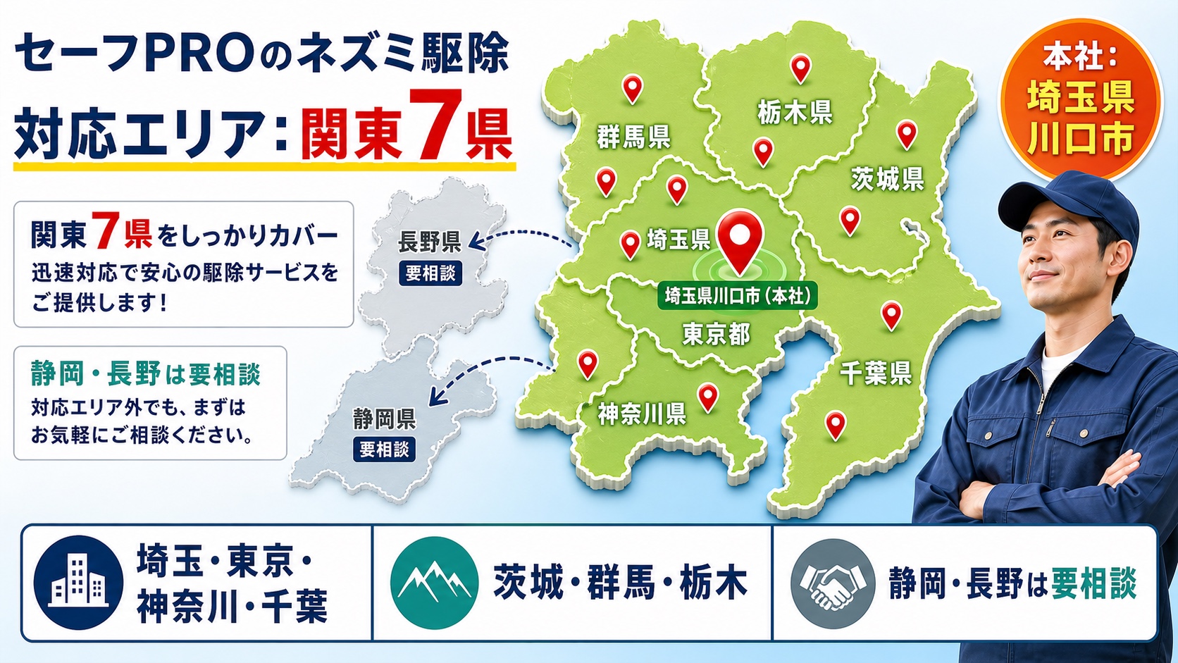 セーフPROの対応エリア(関東7県)と本社所在地の地図
