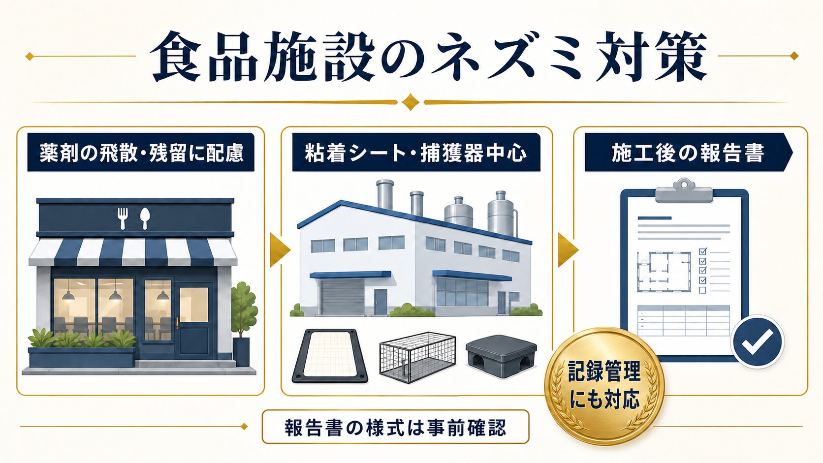 食品施設のネズミ対策と施工後の報告書のイメージ
