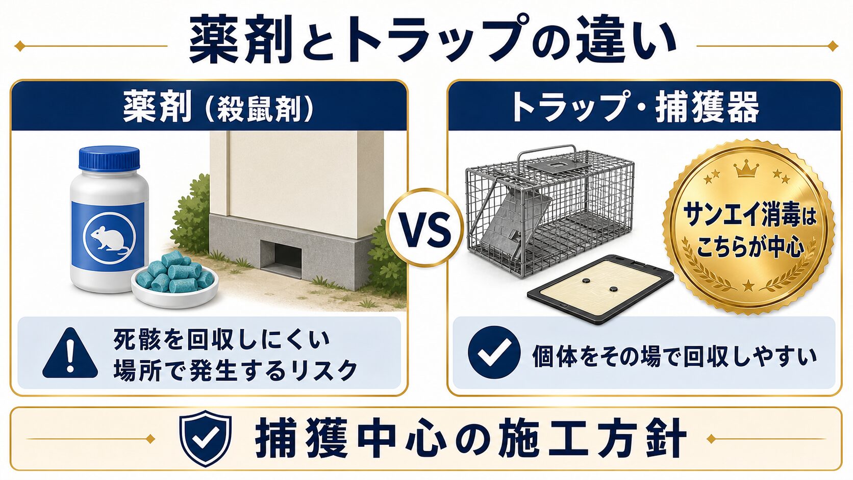 薬剤とトラップによるネズミ駆除方法の違いのイメージ