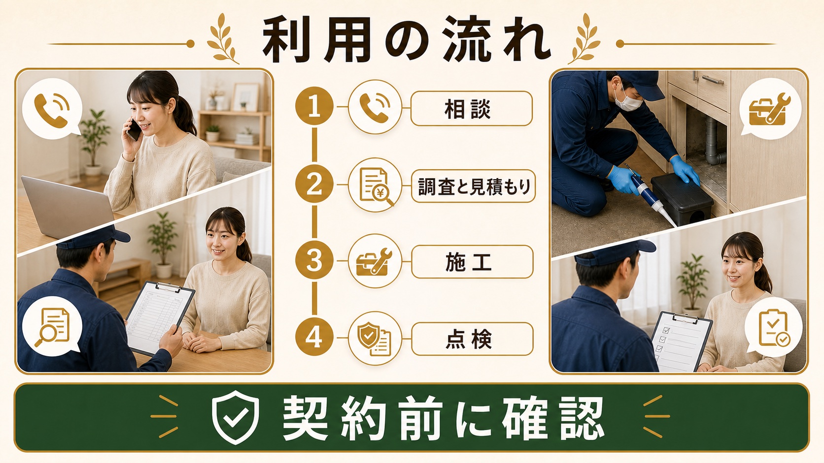 テイコクシロアリ株式会社への相談から解決までの流れのイメージ