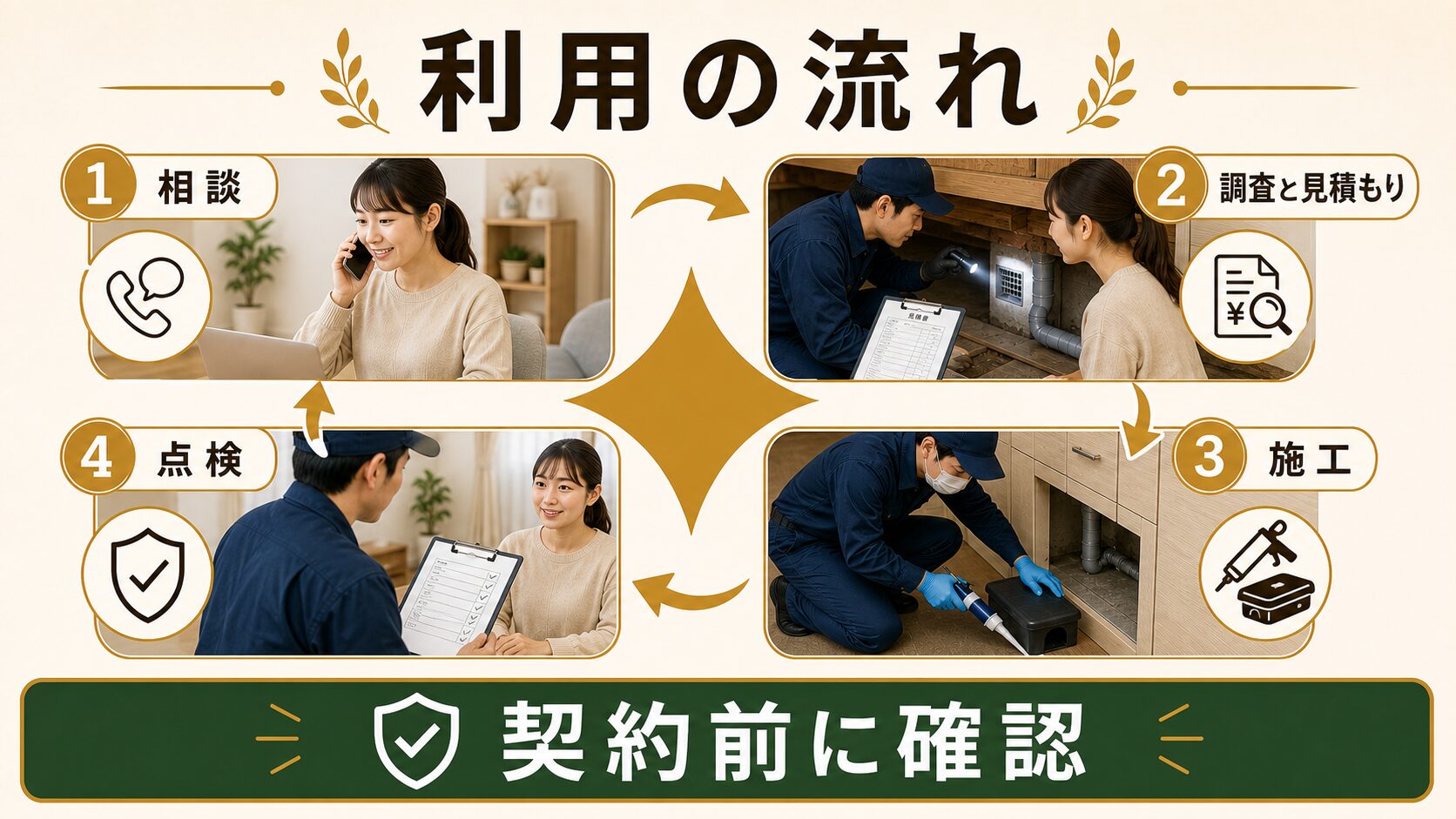 害虫獣SOSのネズミ駆除、依頼から解決までたった4ステップのイメージ